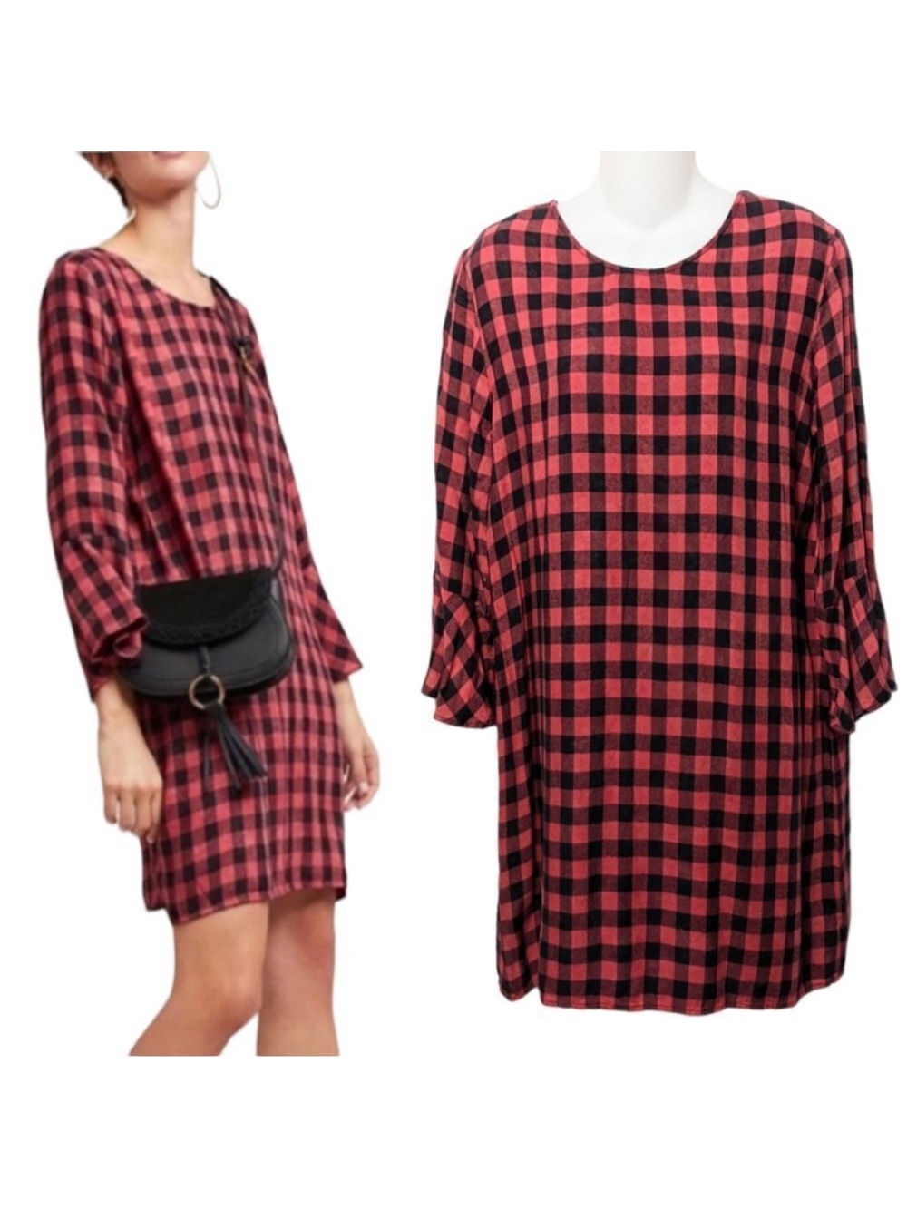 Anthropologie CLOTH & STONE Buffalo Check Cutout Back Bell Sleeve Dress M